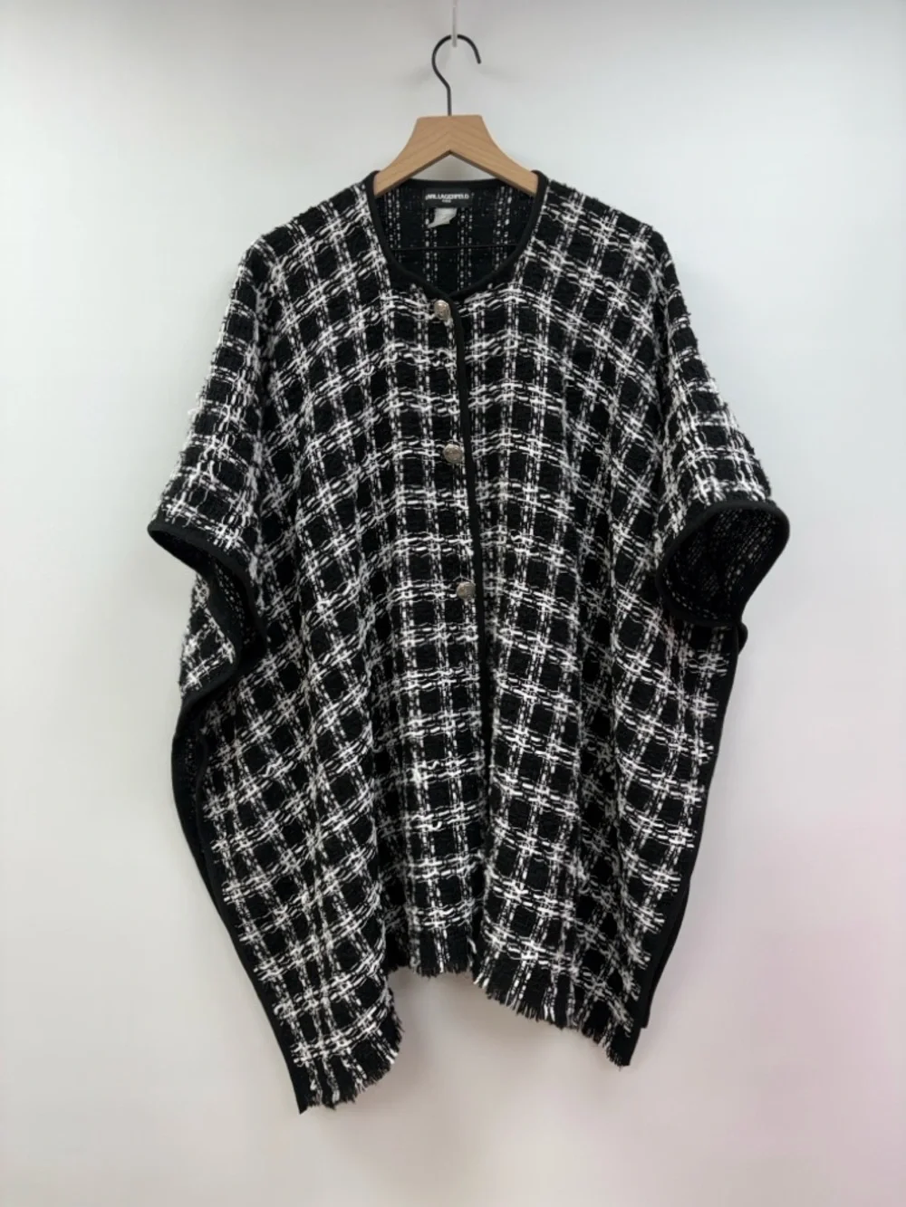 Karl Lagerfled Tweed Plaid Oversized Button-Up Poncho Knit Sweater Black OS - Picture 2 of 7